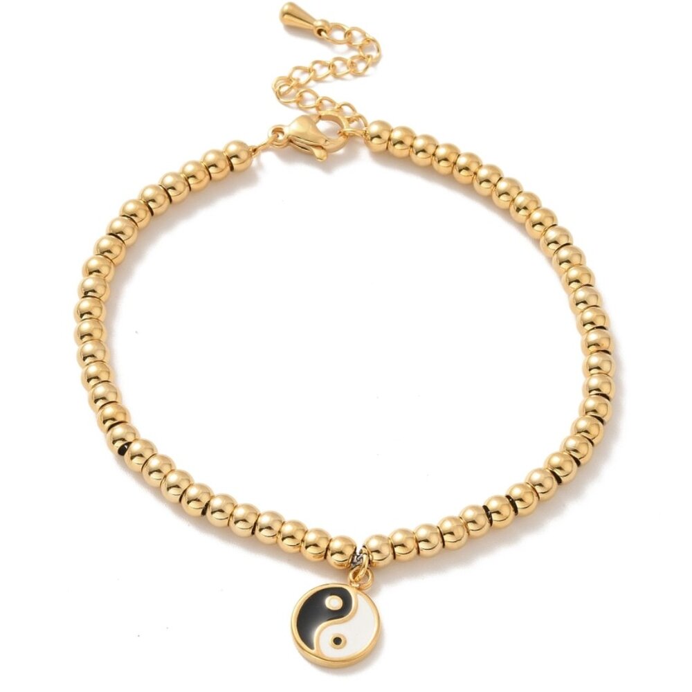 NWOT Stainless Steel Enamel Yin Yang beaded Bracelet W Extender Resists Tarnish